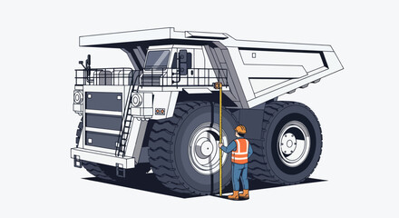 Surveyor measuring a massive mining dump truck on a white background. © Mukhamad