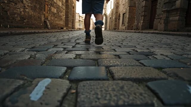 Tracking low camera filming man walking cobbled alley toward bright exit in cuffed shorts and boots