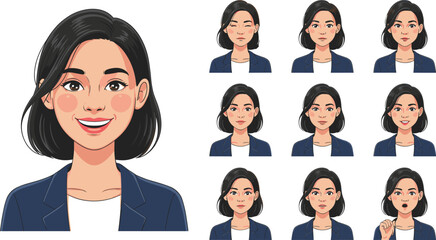 Business woman avatar with multiple facial expressions set, female character emotions collection, smiling surprised thinking talking poses, professional office person vector illustration