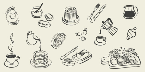 Whimsical coffee and breakfast doodles. Italian food with la dolce vita aesthetic in simple crayon and sketch style. Trendy art for menus and dinner brunch invitations. Vintage vector illustration