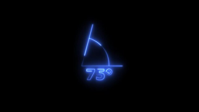 Abstract glowing neon Angle 75 degrees Geometry and mathematics symbol. Measure rotation animation with dark background.