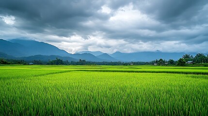 Fototapeta premium Vibrant green paddy field under dramatic cloudy sky with mountain range