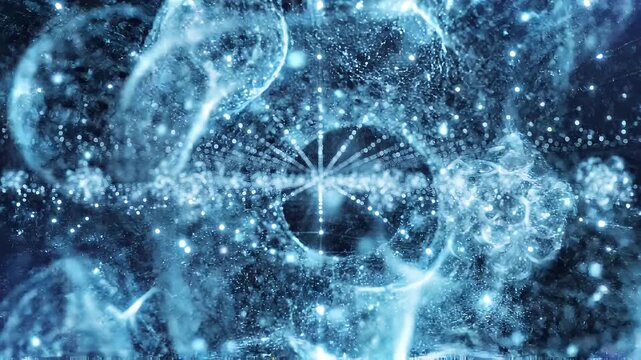 Dynamic luminous particle network creating an intricate web of light and energy, symbolizing advanced technological frontiers and scientific data connectivity in a deep blue abstract space