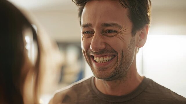 Smiling, laughing man wearing crewneck tee responding to partner on left at home, with framed art
