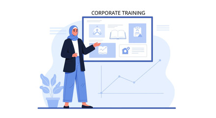 Obraz premium Muslim woman in hijab presenting corporate training on screen with graph and icons