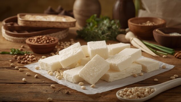 Fresh homemade bean curd skin sheets made from soybeans on a rustic wooden table, featuring traditional Asian tofu-making ingredients and tools for healthy cuisine