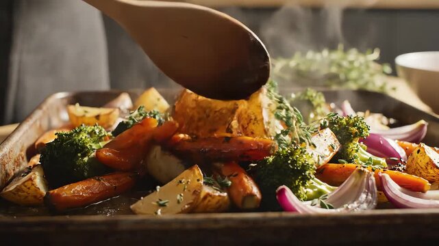 Close up of roasted vegetables on a baking tray with hand adding herbs