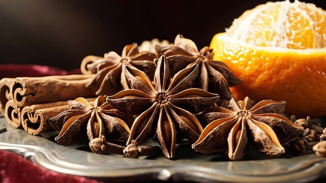 Close up of spices and citrus on a decorative plate