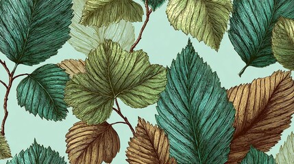 Vintage botanical leaf pattern with green and brown leaves on mint background