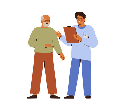 Doctor talks with senior happy man. Medical exam of elderly male patient in hospital. Physical and mental health support and care mature people. Vector illustration