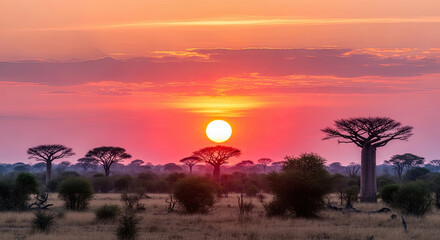 Fototapeta premium A serene savannah landscape at sunset with baobab trees and a vibrant orange sky