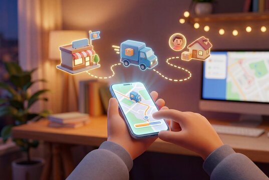 person using smartphone with delivery route on screen