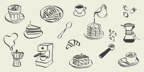 Whimsical coffee and breakfast doodles. Italian food with la dolce vita aesthetic in simple crayon and sketch style. Trendy art for menus and dinner brunch invitations. Coquette vector illustration