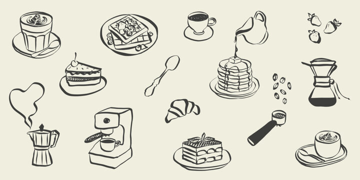 Whimsical coffee and breakfast doodles. Italian food with la dolce vita aesthetic in simple crayon and sketch style. Trendy art for menus and dinner brunch invitations. Coquette vector illustration