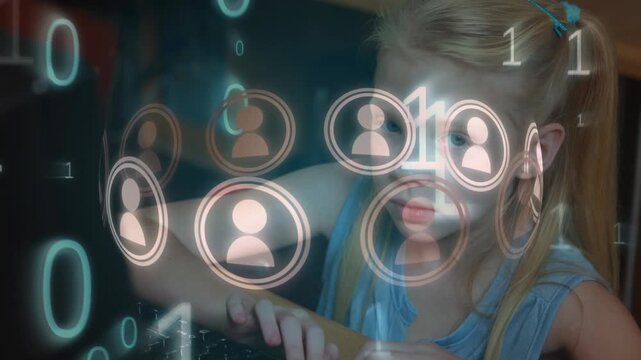 Animation of binary code and icons over caucasian girl using computer