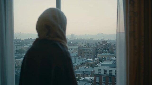 Dawn light causing woman wearing hijab, coat shifting, looking out window over rooftops, copy space