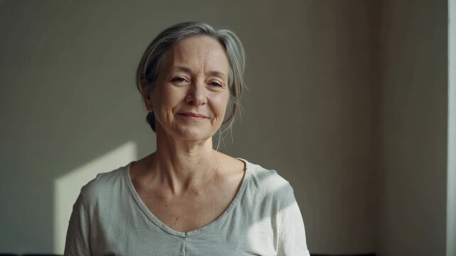 Recording senior woman smiling tilting left in room revealing vneck shirt and sunlight patch