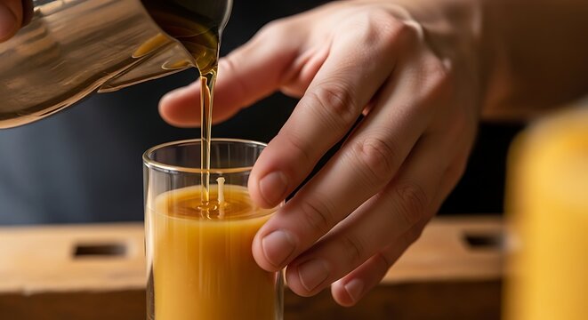 Close up view of a person pouring liquid into a glass showcasing a culinary preparation focusing on ingredients and the act of serving