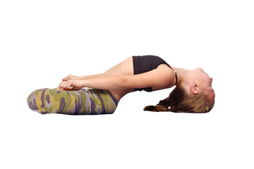 Naklejka premium Little girl performing yoga stretch wearing camouflage leggings