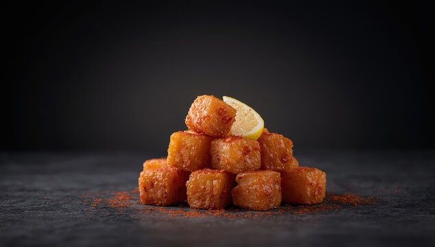 Cubes of fried liver against a dark backdrop. Traditional Turkish dish Arnavut Cigeri. Vertical close-up