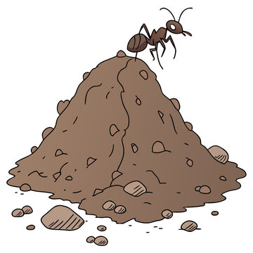 An ant on top of a large brown dirt mound