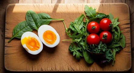 Fresh tomatoes and boiled egg halves.