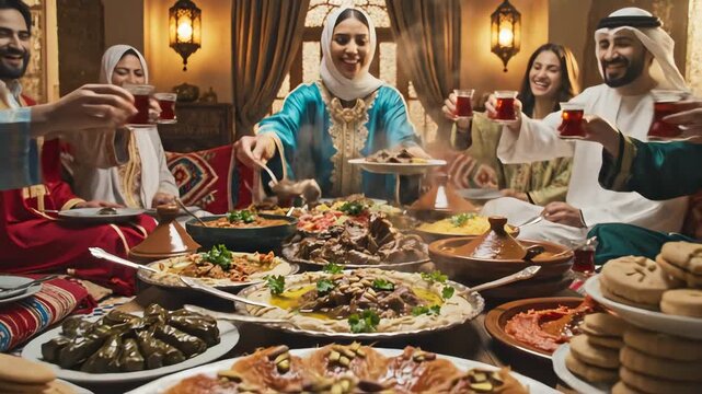 Family gathering around a table abundant with food and traditional decorations