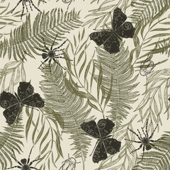 Butterflies, spiders, beetles and fern leaves vector silhouette seamless pattern. Vintage botanical illustration of insects and wild plants. Nature soft background for textile, wallpaper and design. © Ekaterina Lanbina