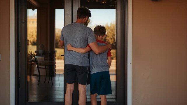 Walking adult male and child approaching glass-paneled front door on porch, returning home
