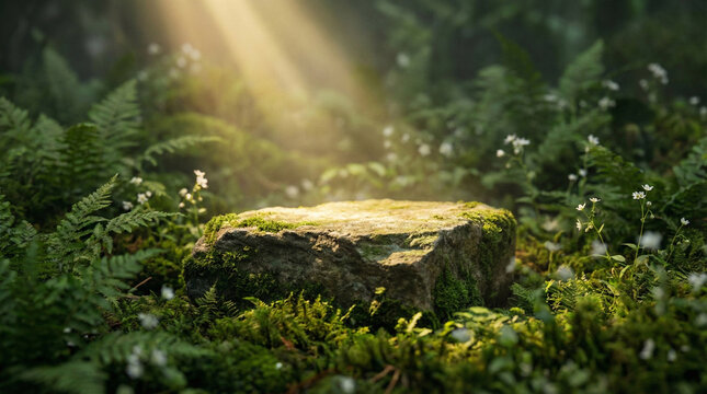Stone podium in mossy forest for natural cosmetic product display.