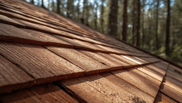 Detailed perspective of textured cedar shingles on a wooden roof in a sunny woods, highlighting artisan skill and natural resources