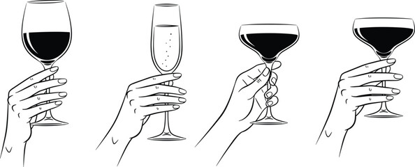 Collection of elegant hands holding various wine and champagne glasses including flutes and coupes in a minimalist black and white line art vector style. © Rumi
