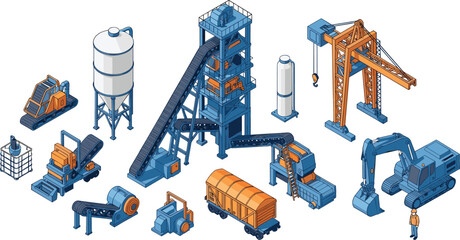 Isometric illustration of industrial construction site with cranes, vehicles, silos, conveyor systems, and worker, symbolizing machinery, infrastructure, m © MdAnowarHossain