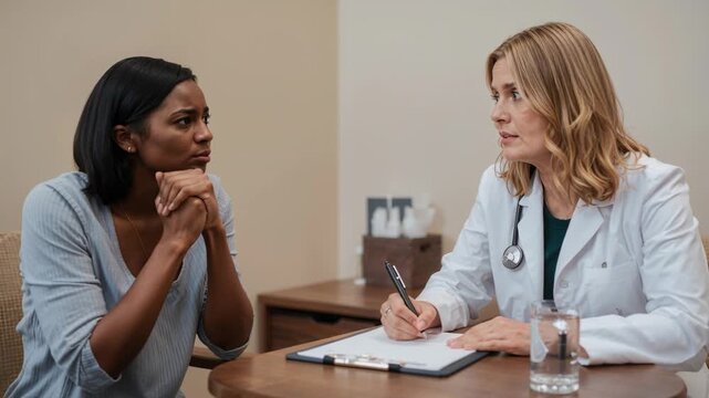 Leaning patient describing pain for diagnosis at clinic, clinician taking notes in coat stethoscope