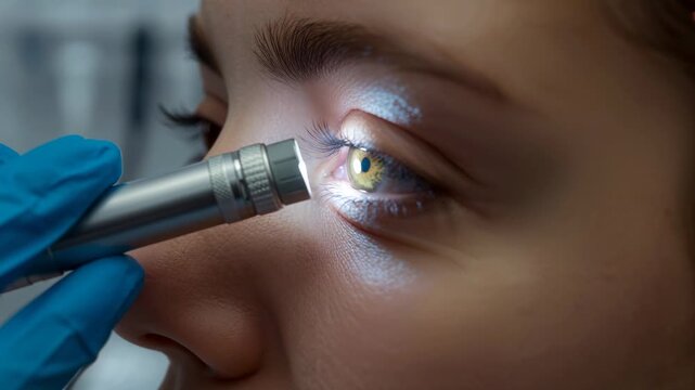Shining gloved clinician bringing penlight to inner corner right eye at clinic inspecting tear film