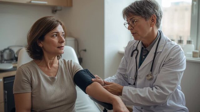 Beginning clinician in white coat positioning cuff on patient left arm for BP check at clinic