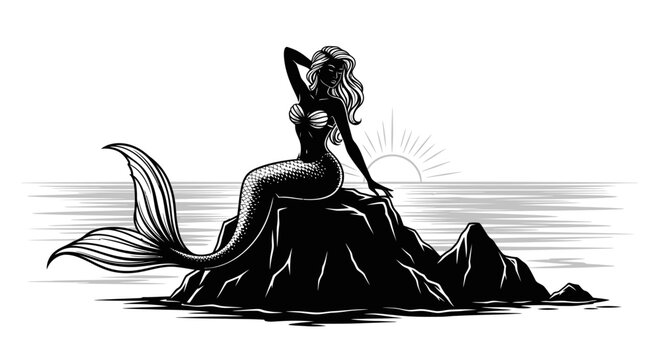 Silhouette of a mermaid sitting on a rock in the sea.