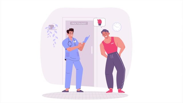 A patient visiting a doctor with symptoms of hemorrhoids, colonoscopy surgery. Cartoon animation in flat vector art style