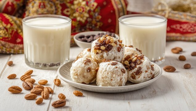 Kazakh cuisine, including zhent, kurt, dairy, sweet cheese balls, nuts, and raisins, for Nauryz on a white wooden surface