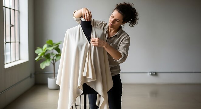Woman arranging garment on mannequin in design studio creating apparel fashion industry workshop dressmaking clothing artistic concept