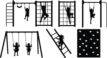 Kids playground activity silhouettes with swings, climbing ladder, monkey bars and wall climbing, children outdoor play equipment vector icon set isolated © MdAnowarHossain