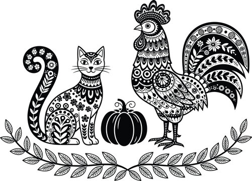 Blue and black folk art illustration of a cat, rooster, and pumpkin with floral mandala patterns, decorative harvest scene, ethnic zentangle animals, white background