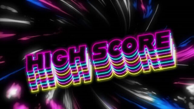 Animation of illuminated high score text with colourful abstract patterns moving on black background