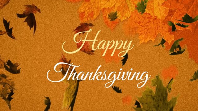 Animation of happy thanksgiving text banner and autumn leaves floating against orange background