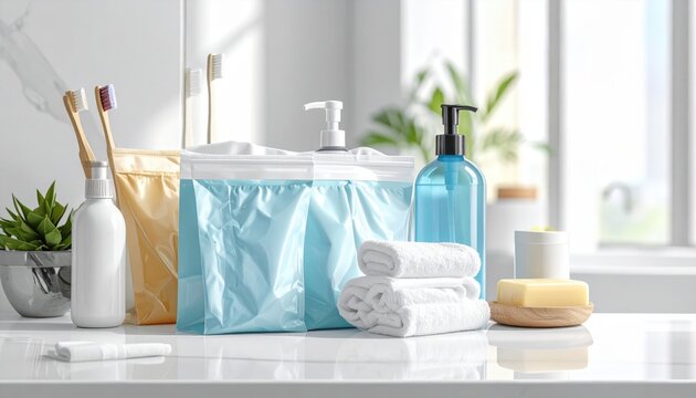 A neatly arranged collection of essential personal hygiene items and sanitation supplies displayed on a bright bathroom counter, promoting health and wellness.