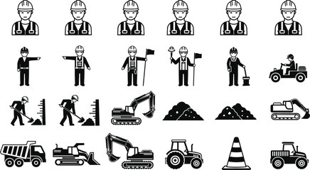 Construction worker icons silhouette, heavy machinery vector, building site illustration, safety equipment graphic, excavator bulldozer dump truck design, traffic cone symbol, industrial labor art © MDMUNTASSER