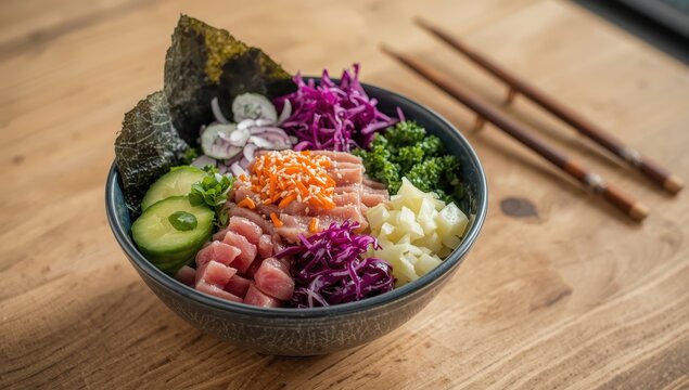 Hawaiian tuna poke bowl featuring avocado, cucumbers, wakame, radish, and purple cabbage, served with chopsticks