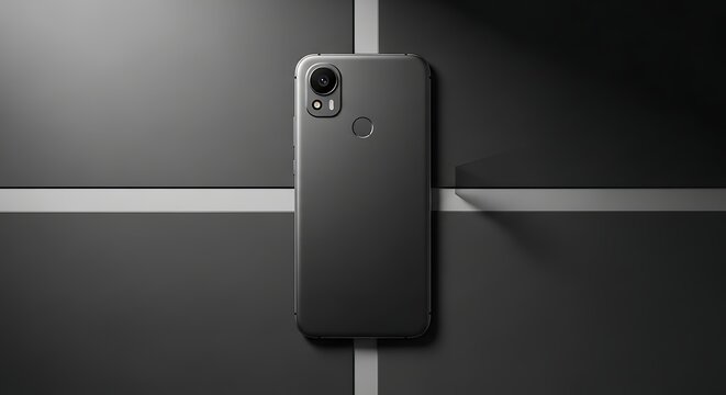 A sleek black smartphone with dual cameras on a modern gray background with white lines