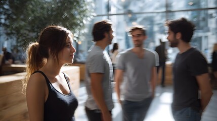 Fototapeta premium A focused woman stands in the foreground observing a blurred group of men engaged in conversation within a bright contemporary office space
