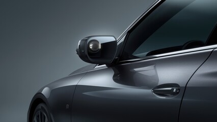 Fototapeta premium modern vehicle 360-degree camera setup, lens below side mirror, blind spot monitoring system